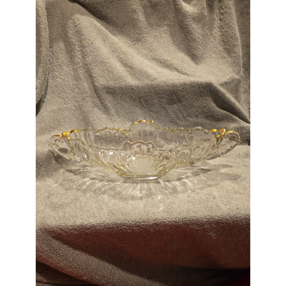 Vintage 1950's Jeannette Glass Gondola Fruit Bowl 16" Long Gold‎ Trim